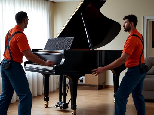 Professional movers using specialized equipment to move a grand piano